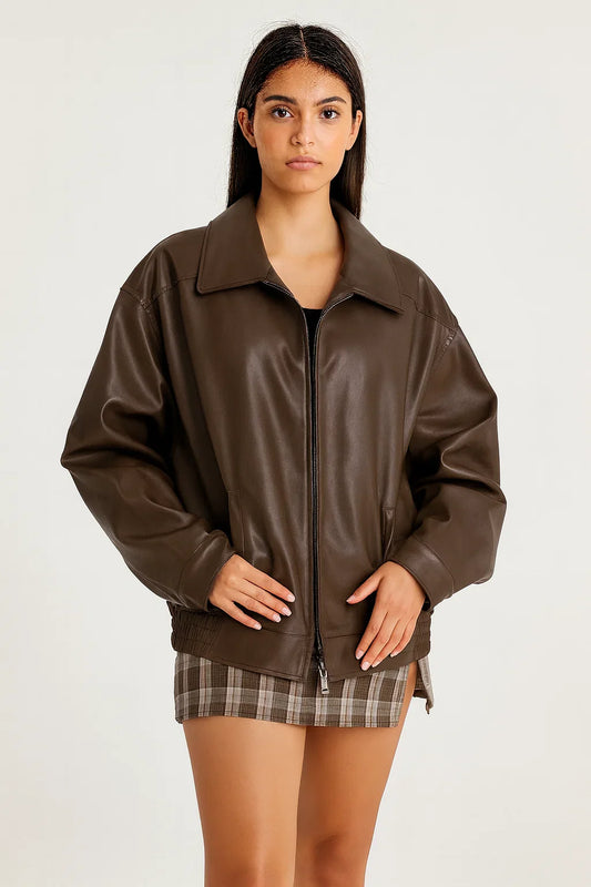 Faux Leather Oversized Bomber Jacket for Women