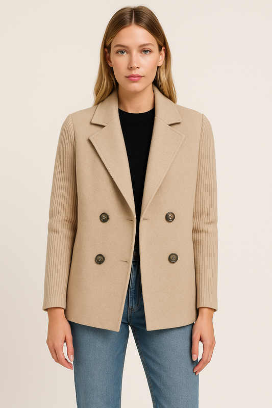 Elegant Double-Breasted Knit Sleeve Blazer - Clara