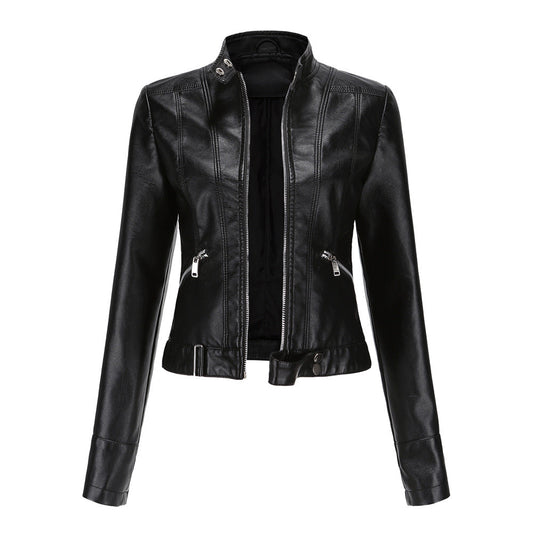 High Collar Women's Leather Jacket with Belt and Zipper