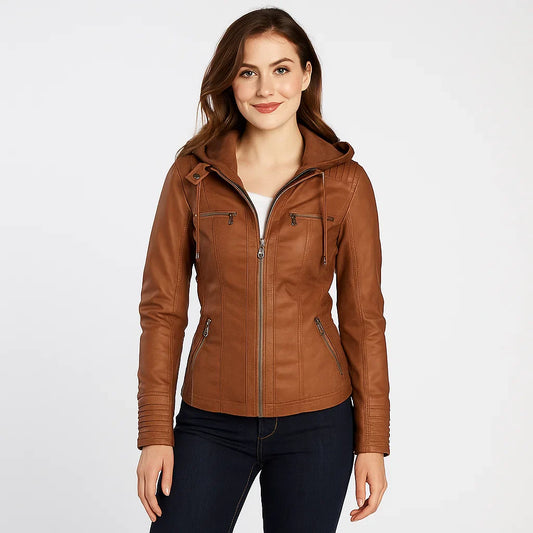 Women's Hooded Leather Jacket – Zip Front – Multi-Pocket – Slim Fit