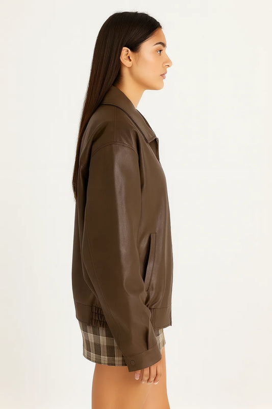 Women's Oversized Faux Leather Bomber Jacket