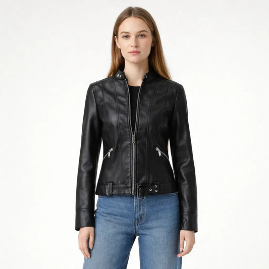 High Collar Women's Leather Jacket with Belt and Zipper